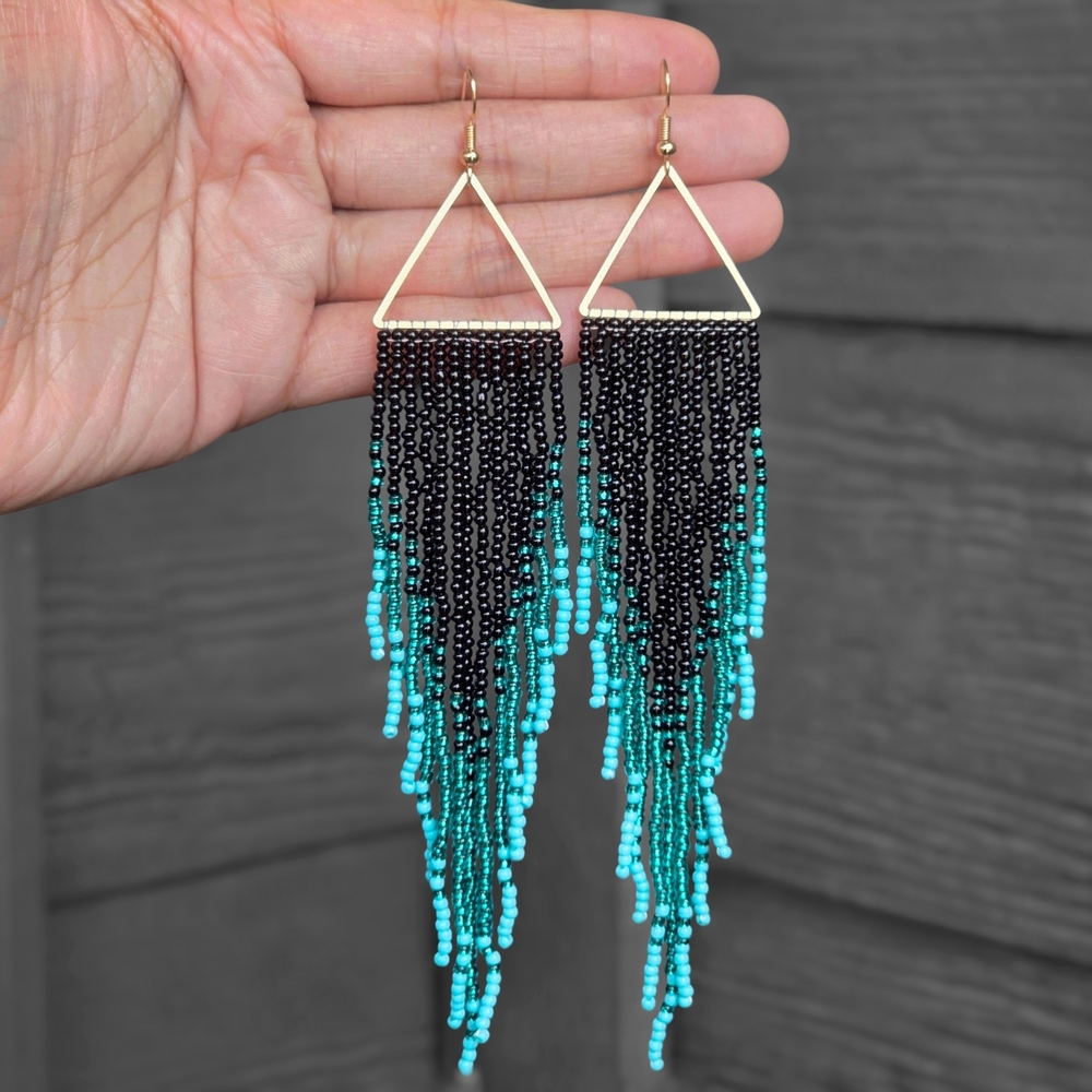Turquoise Geo Boho Fringe Beaded Earrings Handmade Jewelry Tribal Boheme